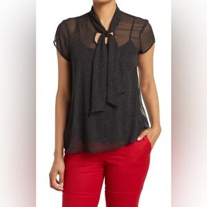 New Pleione Tie Neck Polka Dot Sheer Short Sleeve Blouse black